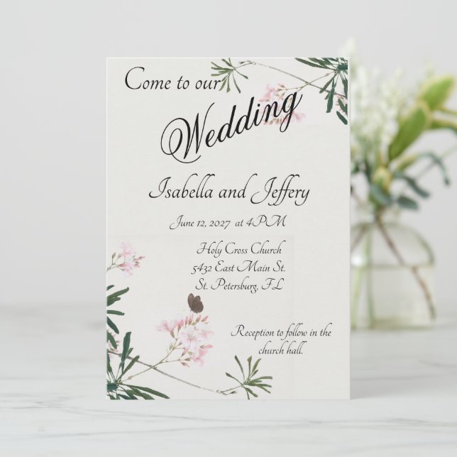 Elegant Botanical Pink Blossom with Butterfly Invitation (Standing Front)