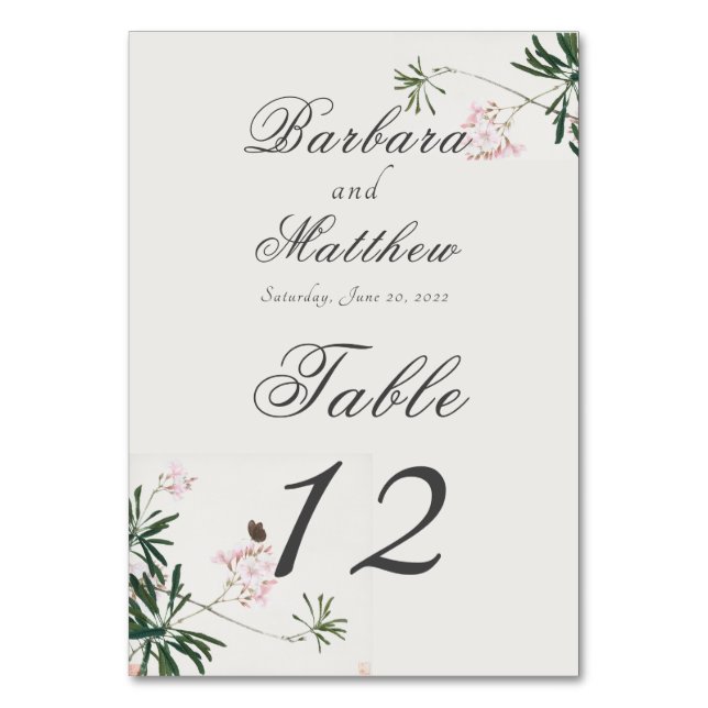 Elegant Botanical Pink Blossom with Butterfly Table Number (Front)