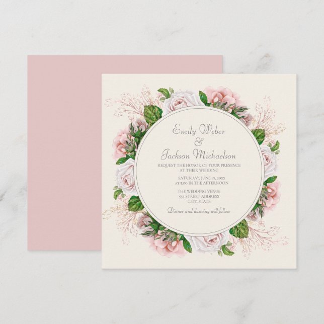 Elegant Botanical Pink Floral Roses Cream Wedding Invitation (Front/Back)