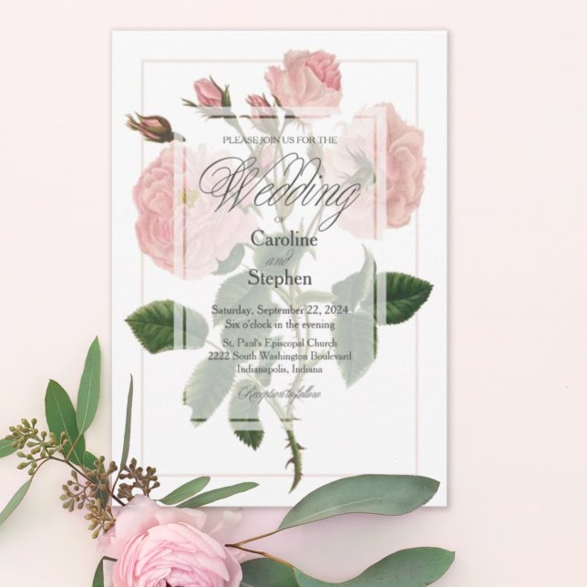 Elegant Botanical Pink Floral Typography Wedding Invitation (Creator Uploaded)