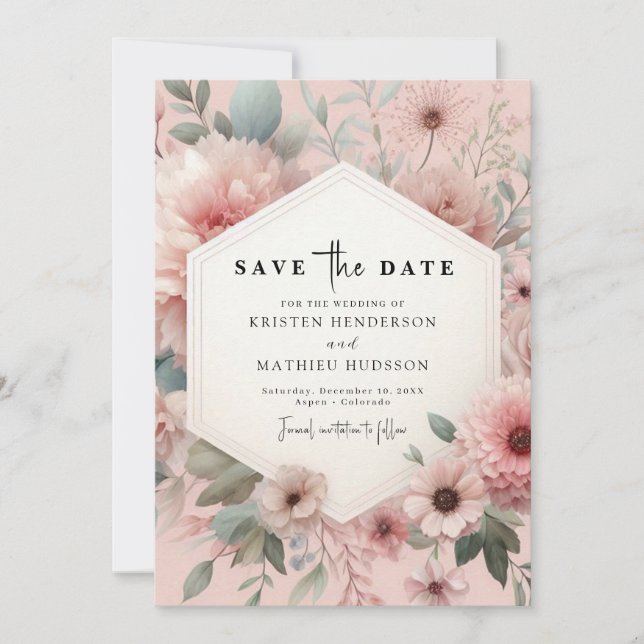 Elegant Botanical Pink Floral Wedding  Save The Date (Front)