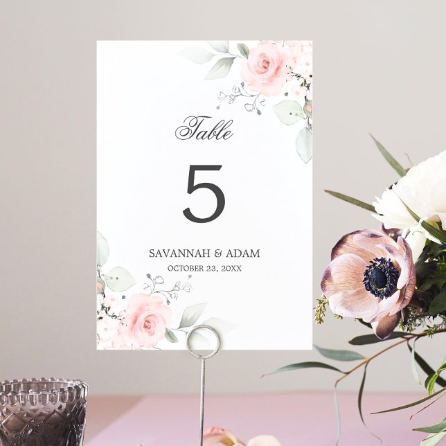 Elegant Botanical Pink Rose Greenery Table Number (Elegant Botanical Pink Rose Greenery Table Number)