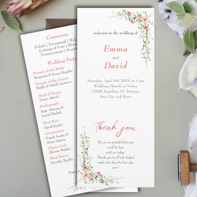 Elegant botanical pink roses Script Wedding Program (Creator Uploaded)