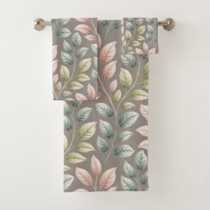 Elegant Botanical Pink & Sage Leaf Pattern Bath Towel Set