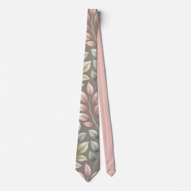 Elegant Botanical Pink & Sage Leaf Pattern Neck Tie (Front)