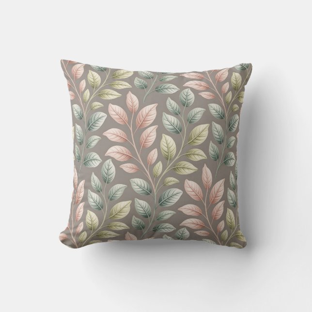 Elegant Botanical Pink & Sage Leaf Pattern Throw Pillow (Front)