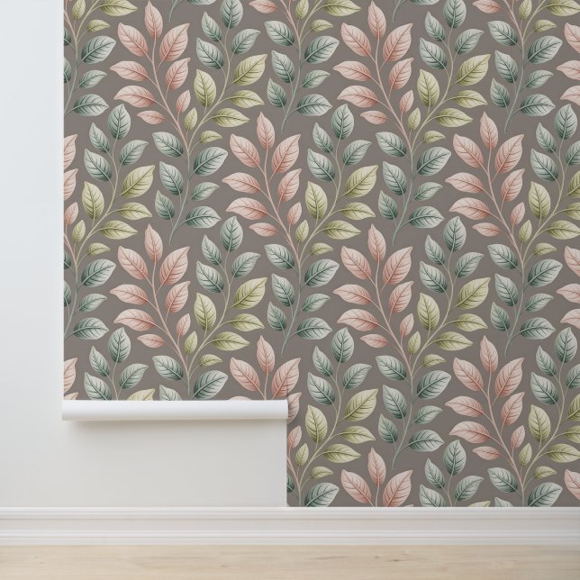 Elegant Botanical Pink & Sage Leaf Pattern Wallpaper (Application)