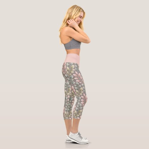 Elegant Botanical Pink &amp; Sage Leaves Yoga Exercise Capri Leggings