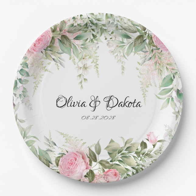 Elegant Botanical Pink Wisteria Floral Wedding Paper Plates (Front)