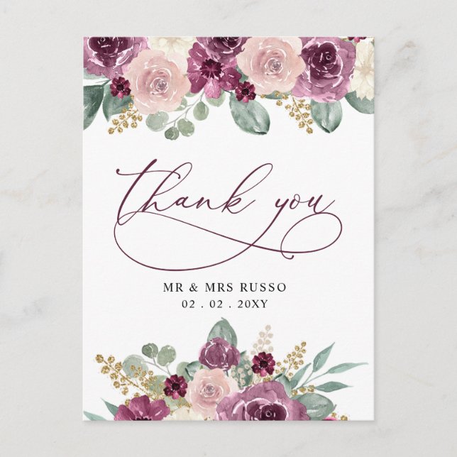 Elegant Botanical Plum Floral Thank You Postcard (Front)