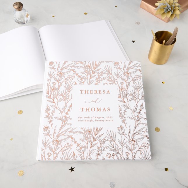 Elegant Botanical Print Rose Wedding Foil Guest Book (Front Open)