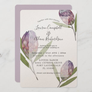 Elegant Botanical Protea Purple Wedding Invitation