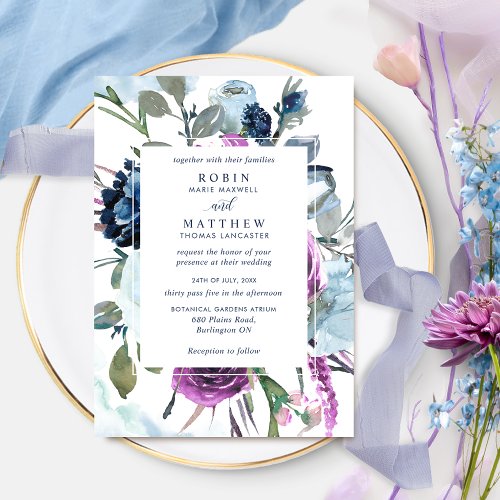 Elegant Botanical Purple and Blue Floral Wedding Invitation