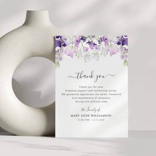 elegant botanical purple funeral thank you note