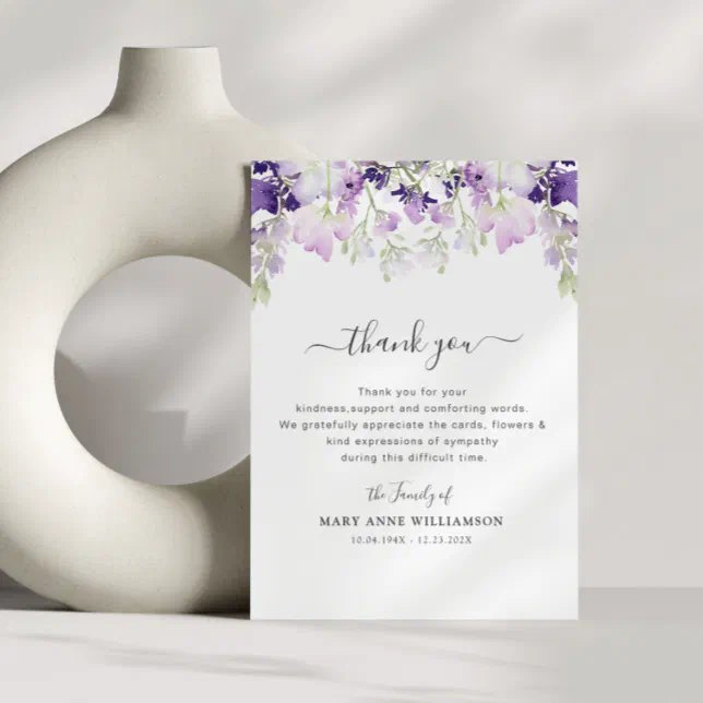 elegant botanical purple funeral thank you note card | Zazzle