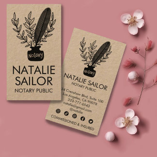 Elegant Botanical Quill Logo Notary Public Kraft  Business Card