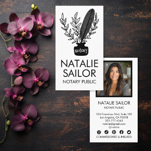 Elegant Botanical Quill Logo Notary Public PHOTO  Business Card