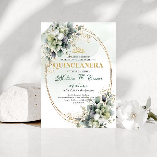Elegant Botanical Quinceañera Green Gold Invitatio Invitation