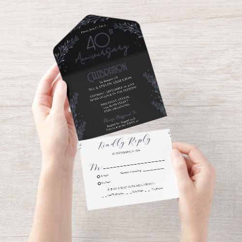 Elegant Botanical Real Foil 40th Anniversary All In One Invitation