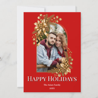 Elegant Botanical Red Gold Holiday 2 Photo Invitation