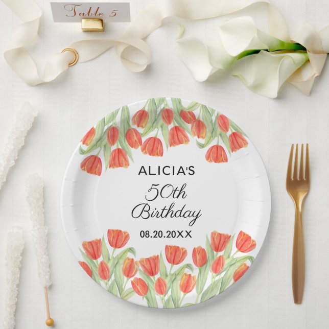 Elegant Botanical Red Tulip 50th Birthday  Paper Plates (Wedding)