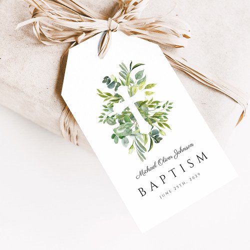 Elegant Botanical Religious Cross Baptism Gift Tags