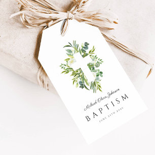 Elegant Botanical Religious Cross Baptism Gift Tags