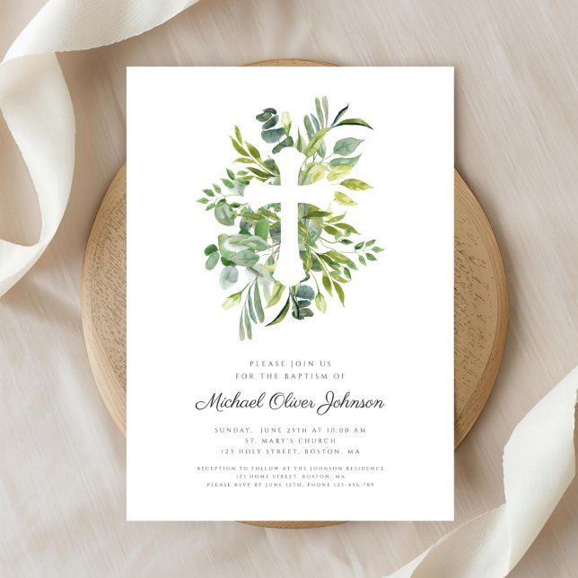 Elegant Botanical Religious Cross Baptism Invitation (Elegant Botanical Religious Cross Baptism Invitation)