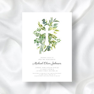 Elegant Botanical Religious Cross Baptism Invitation