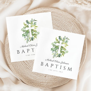 Elegant Botanical Religious Cross Baptism Napkins