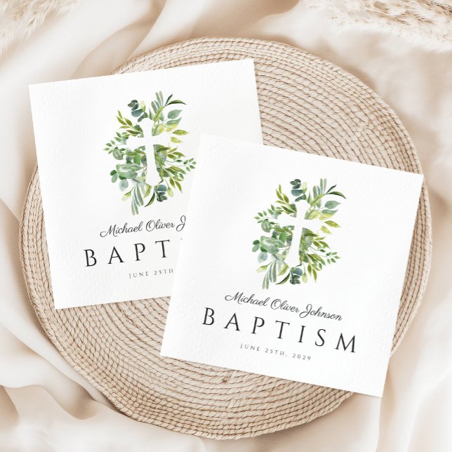 Elegant Botanical Religious Cross Baptism Napkins (Elegant Botanical Religious Cross Baptism Napkins)