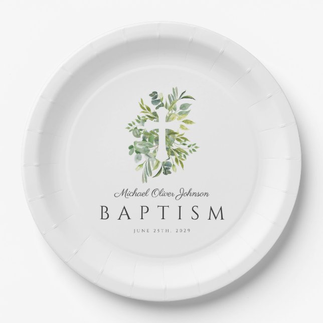 Elegant Botanical Religious Cross Baptism Paper Plates (Front)