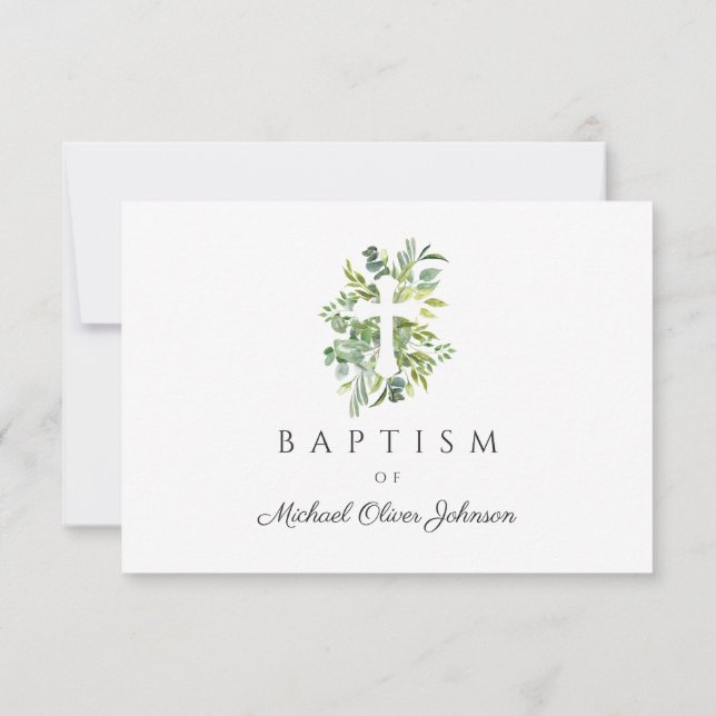 Elegant Botanical Religious Cross Baptism RSVP Card (Back)