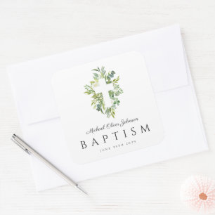 Elegant Botanical Religious Cross Baptism Square Sticker