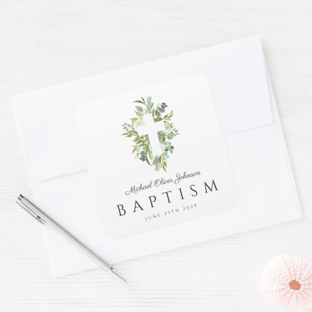 Elegant Botanical Religious Cross Baptism  Square Sticker (Envelope)