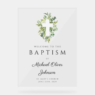 Elegant Botanical Religious Cross Baptism Welcome