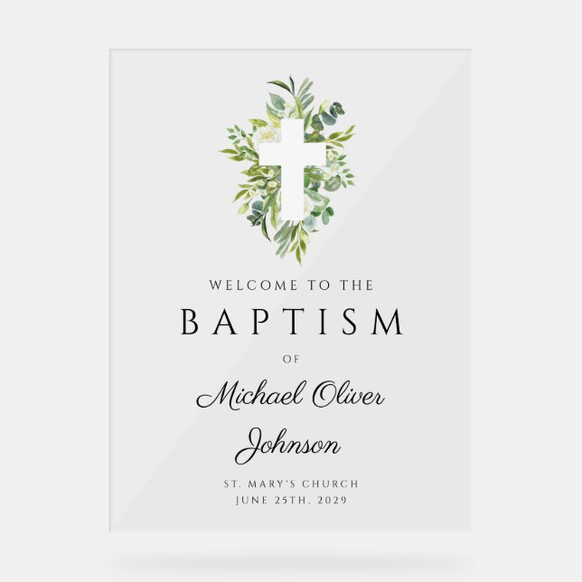 Elegant Botanical Religious Cross Baptism Welcome Acrylic Sign (Front)
