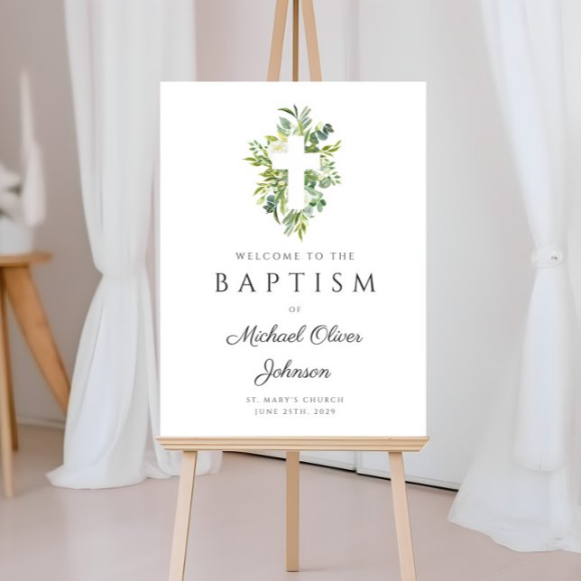 Elegant Botanical Religious Cross Baptism Welcome Foam Board (Religious Green Botanical Cross Baptism Welcome Foam Board)