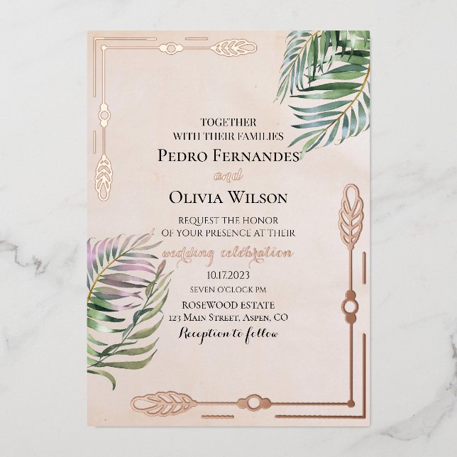 Elegant botanical rose gold foil wedding invitation (Front)