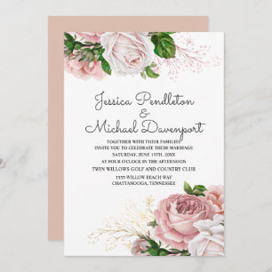 Elegant Botanical Roses Pink Floral White Wedding Invitation