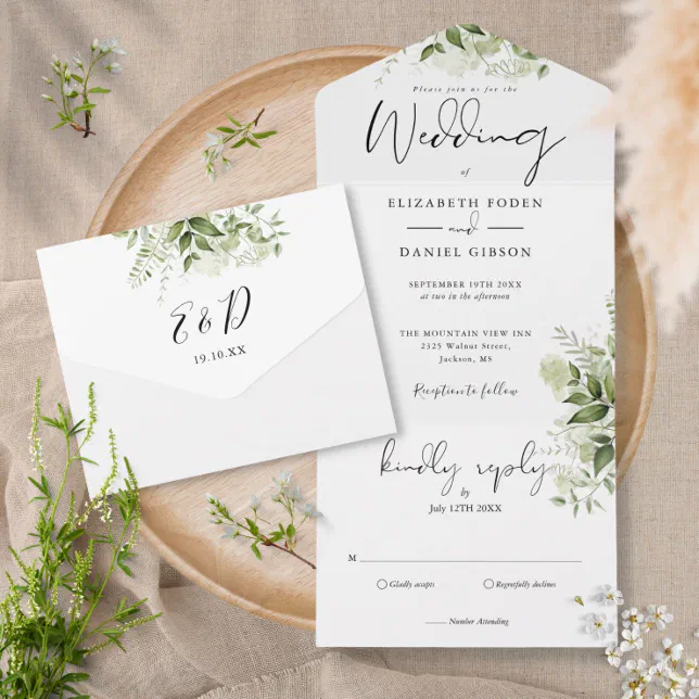 Elegant Botanical Rustic Greenery Wedding All In One Invitation | Zazzle