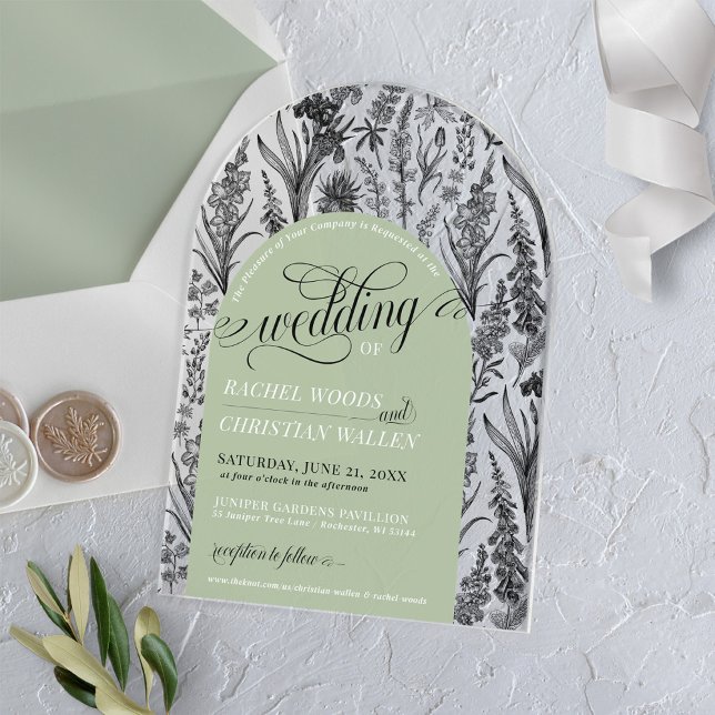 Elegant Botanical Sage Green Unique Arch Wedding Acrylic Invitations (Sage green black and white vintage botanical floral elegant script trendy arch acrylic wedding)