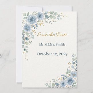 Elegant Botanical Save the Date Card, Dusty Blue