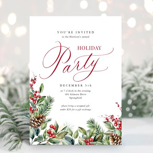 Elegant Botanical Script Holiday Party Invitation