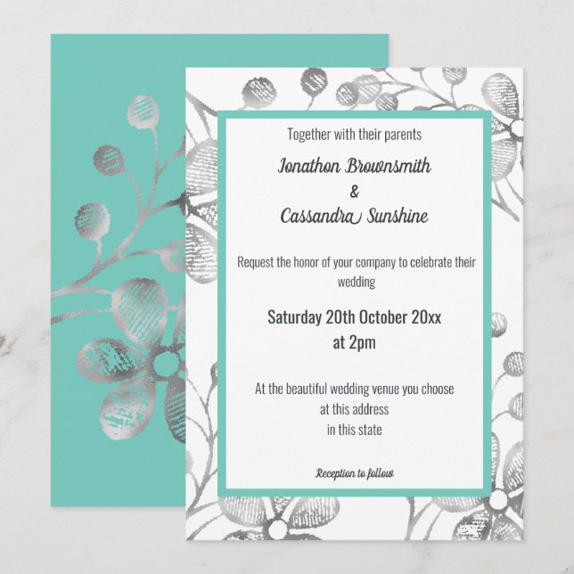 ELEGANT BOTANICAL SILVER GRAY WHITE AQUA WEDDING INVITATION (Front/Back)