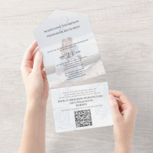 Elegant Botanical Simple Dusty Blue Floral QR Code All In One Invitation