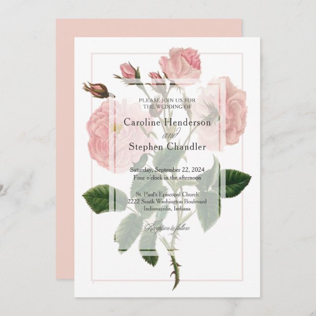 Elegant Botanical Soft Pink Floral  Script Wedding Invitation (Front/Back)