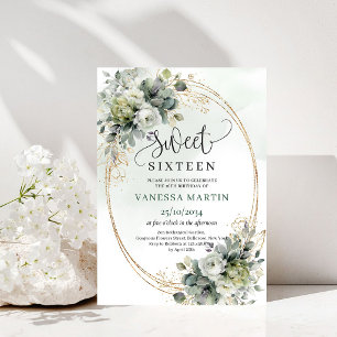 Elegant Botanical Sweet 16 Green Gold Invitation