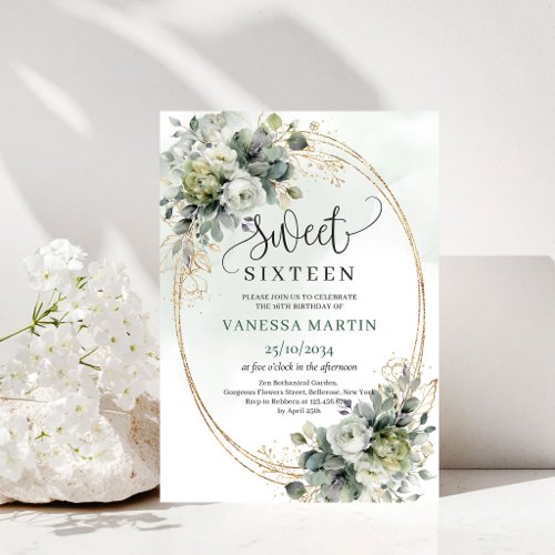 Elegant Botanical Sweet 16 Green Gold Invitation
