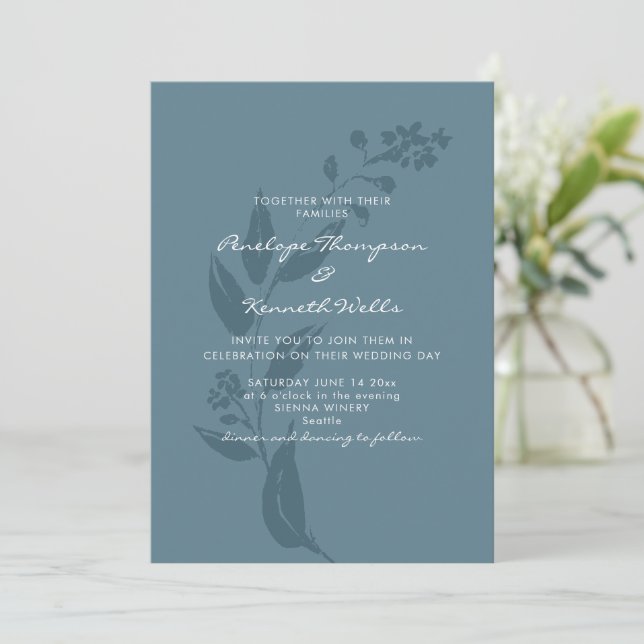 Elegant Botanical Teal Blue Silhouette Wedding Invitation (Standing Front)
